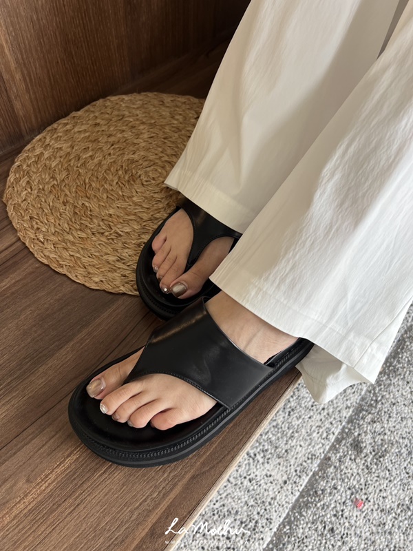 麂皮拼皮革厚底拖鞋(正常版)